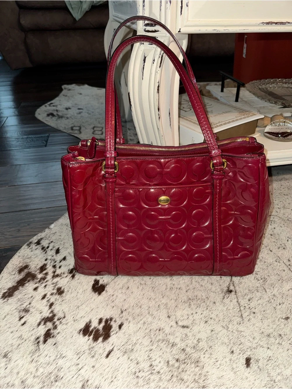 Vintage Coach Peyton Burgundy Patent Leather  Op Art Embossed Bag